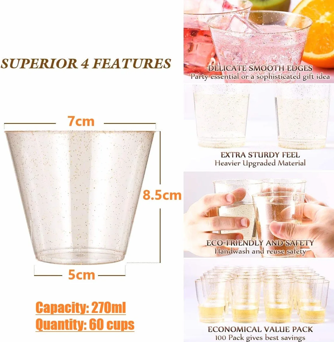 KAHEIGN Szklanki deserowe ze złotym brokatem, plastikowe kubki deserowe, 270 ml, okrągłe, przezroczyste, wielokrotnego użytku, do whisky, puddingu, pianki imprezowej (7 x 8,5 cm)