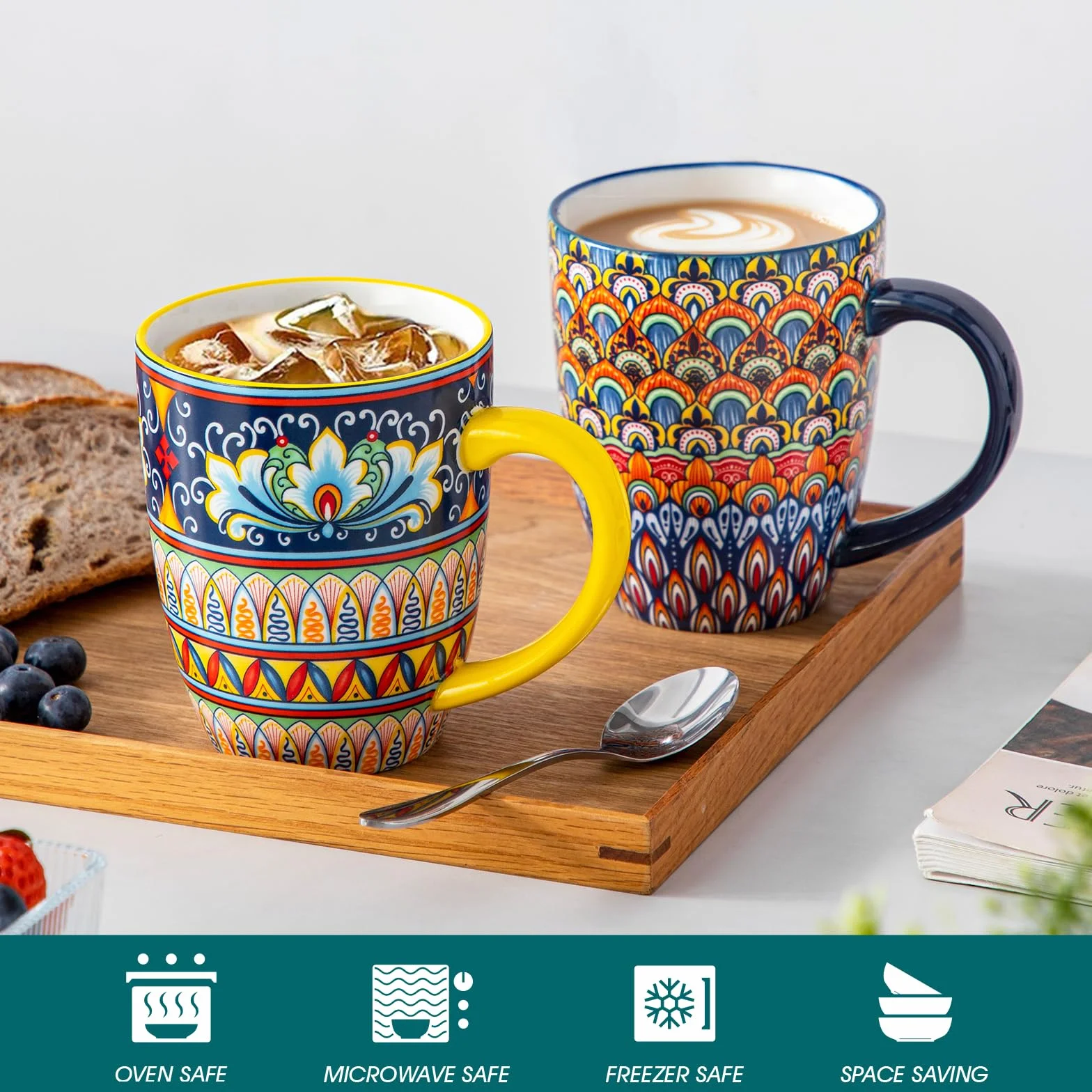 vancasso SIMI Zestaw 6 porcelanowych kubków do kawy, 480 ml, w stylu boho, z uchwytem, nadają się do kuchenki mikrofalowej i zmywarki, nadają się do wszystkich rodzajów napojów