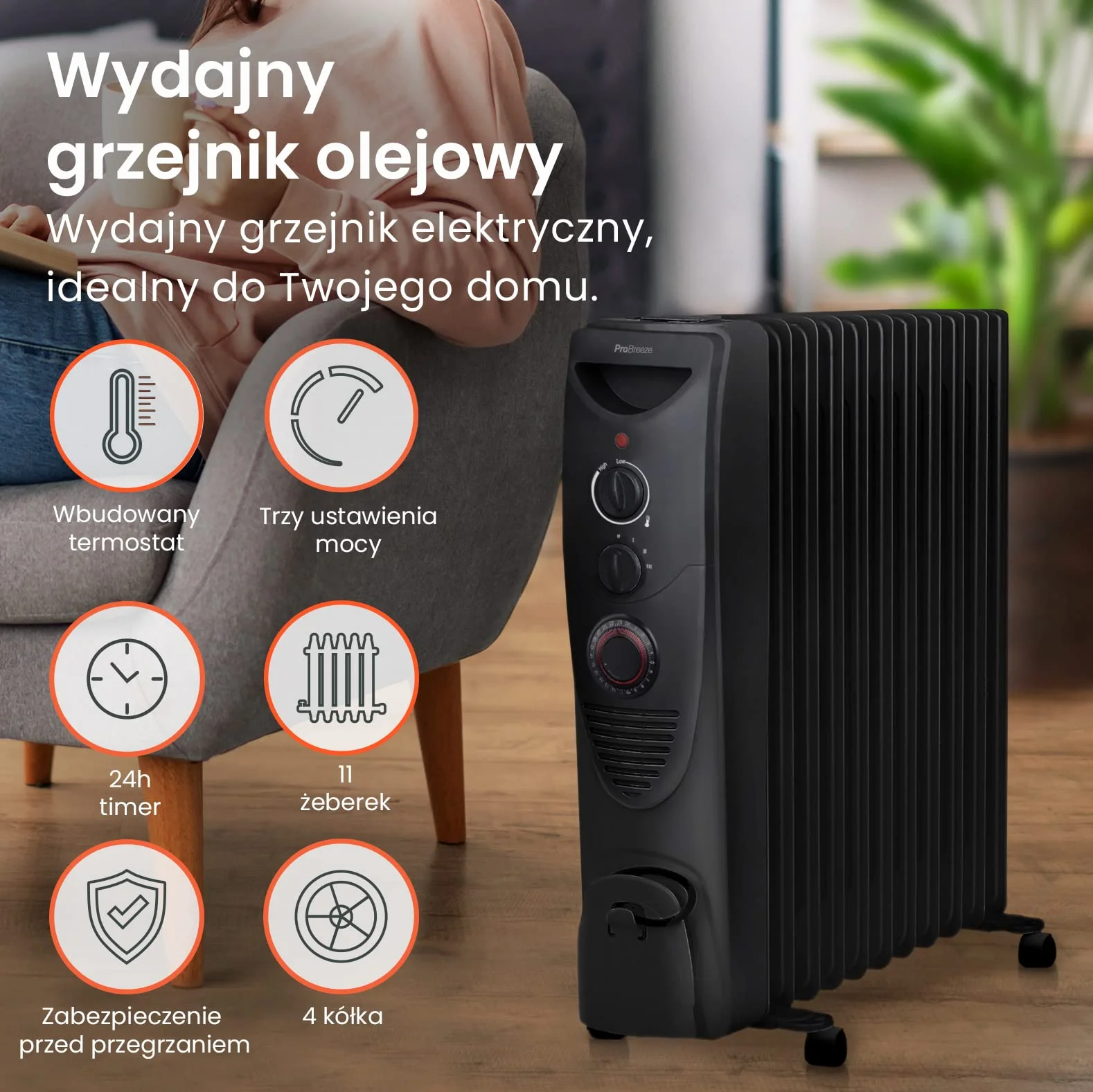 ProBreeze Olejowy Grzejnik Elektryczny 2500W z Termostatem 24h Timer 3 Poziomy Mocy Czarny