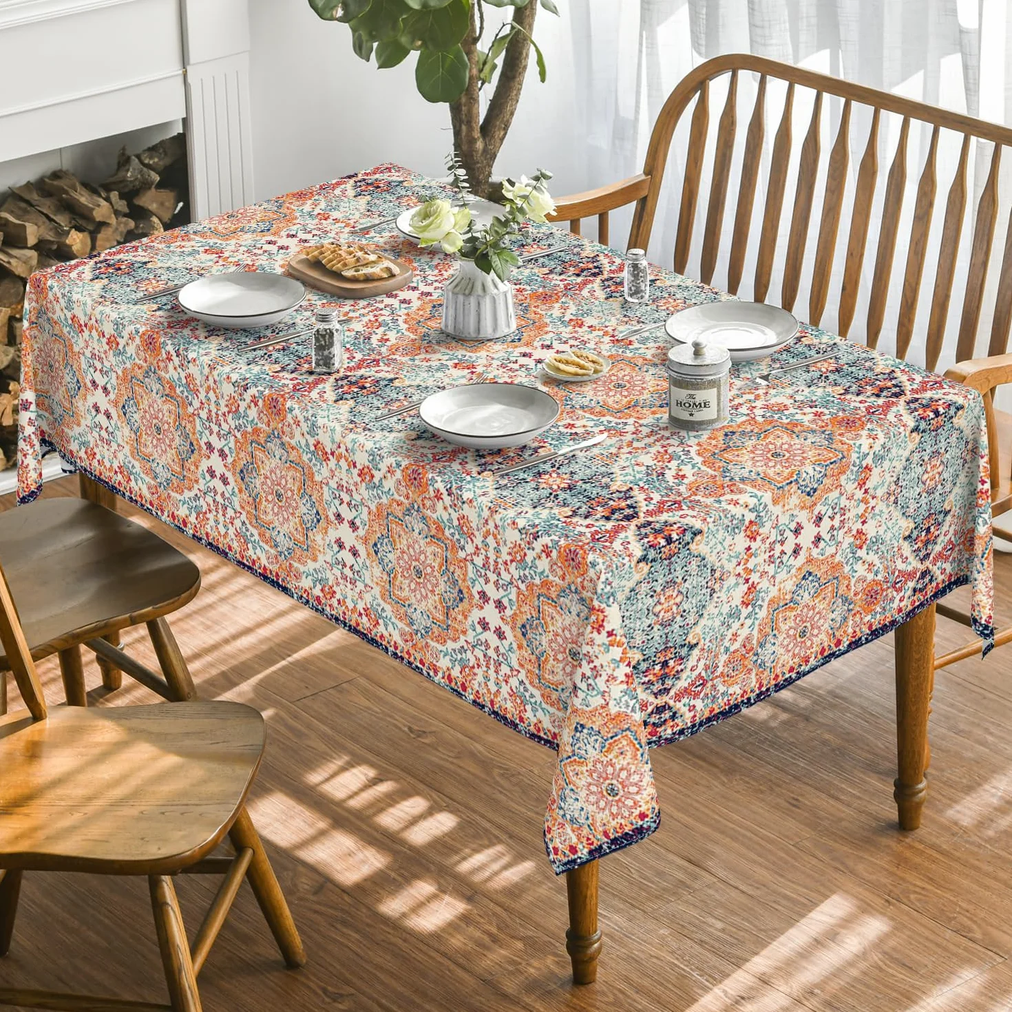 Boho Vintage Obrus 140 x 220 cm Marokański Styl Geometria Kolorowy Ochrona Przed Plamami