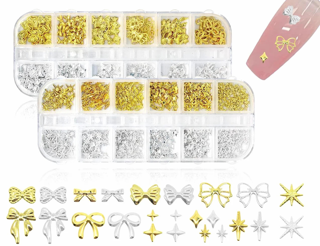 2 pudełka charmsów do paznokci z gwiazdą i kokardkami, błyszczące kamienie, metalowe zawieszki na paznokcie, akcesoria do dekoracji paznokci, DIY, majsterkowania (złoty, srebrny)