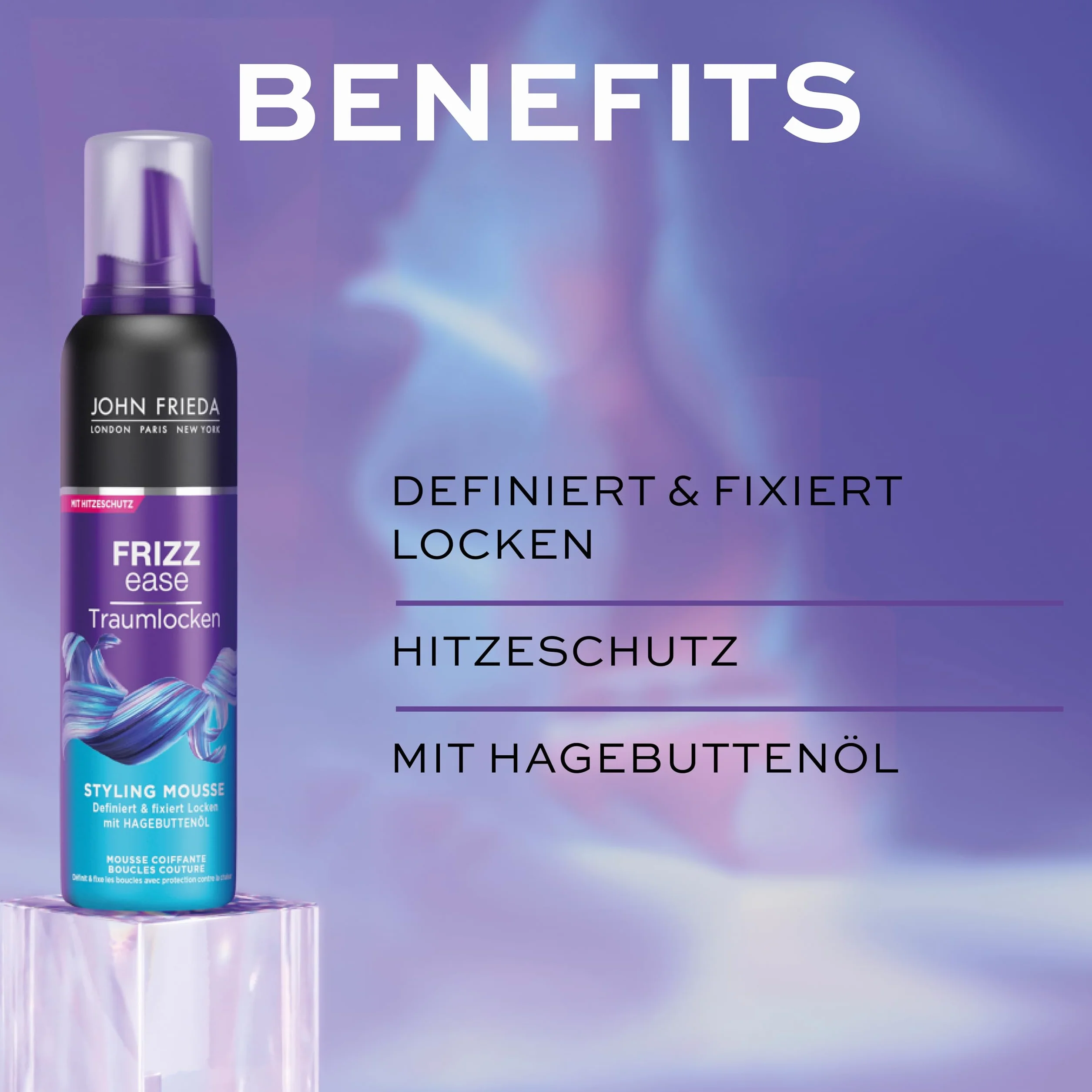 John Frieda Frizz Ease Traum-Lousse Styling Mousse – zawartość: 200 ml – z ochroną przed wysoką temperaturą – definiuje i utrwala loki – blask