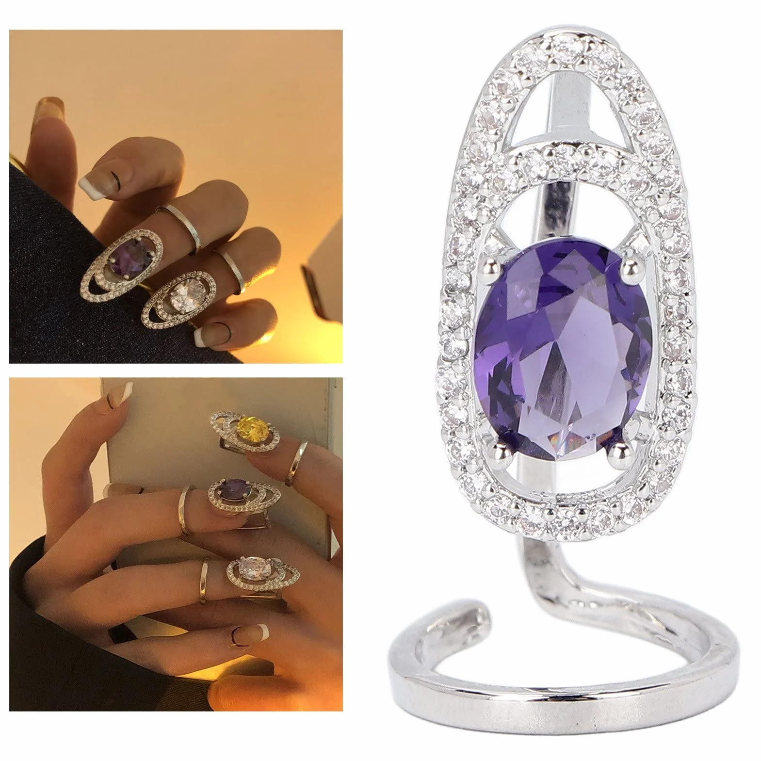Pierścień do Paznokci Rhinestone Pierścionki do Paznokci, Błyszczący Delikatny Pokrowiec na Paznokcie Pierścień Ochronny Kobiety Luksusowe Końcówki do Paznokci Dekoracja(Fioletowy)