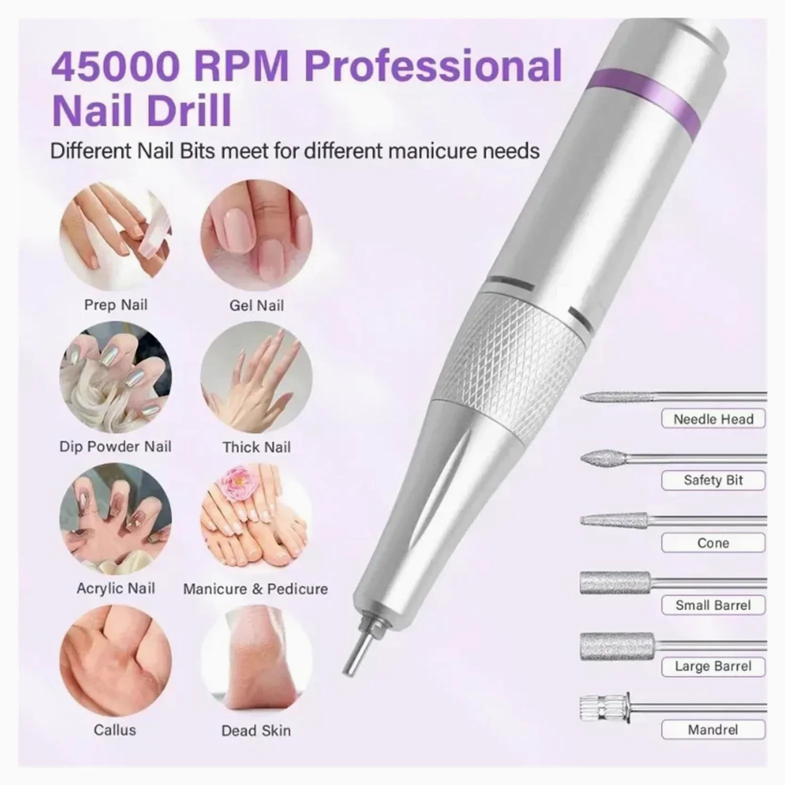 Frezarka do paznokci, Profesjonalna akumulatorowa wiertarka do paznokci 45000 obr./min., wyświetlacz HD, metalowa maszyna manicure i do użytku domowego