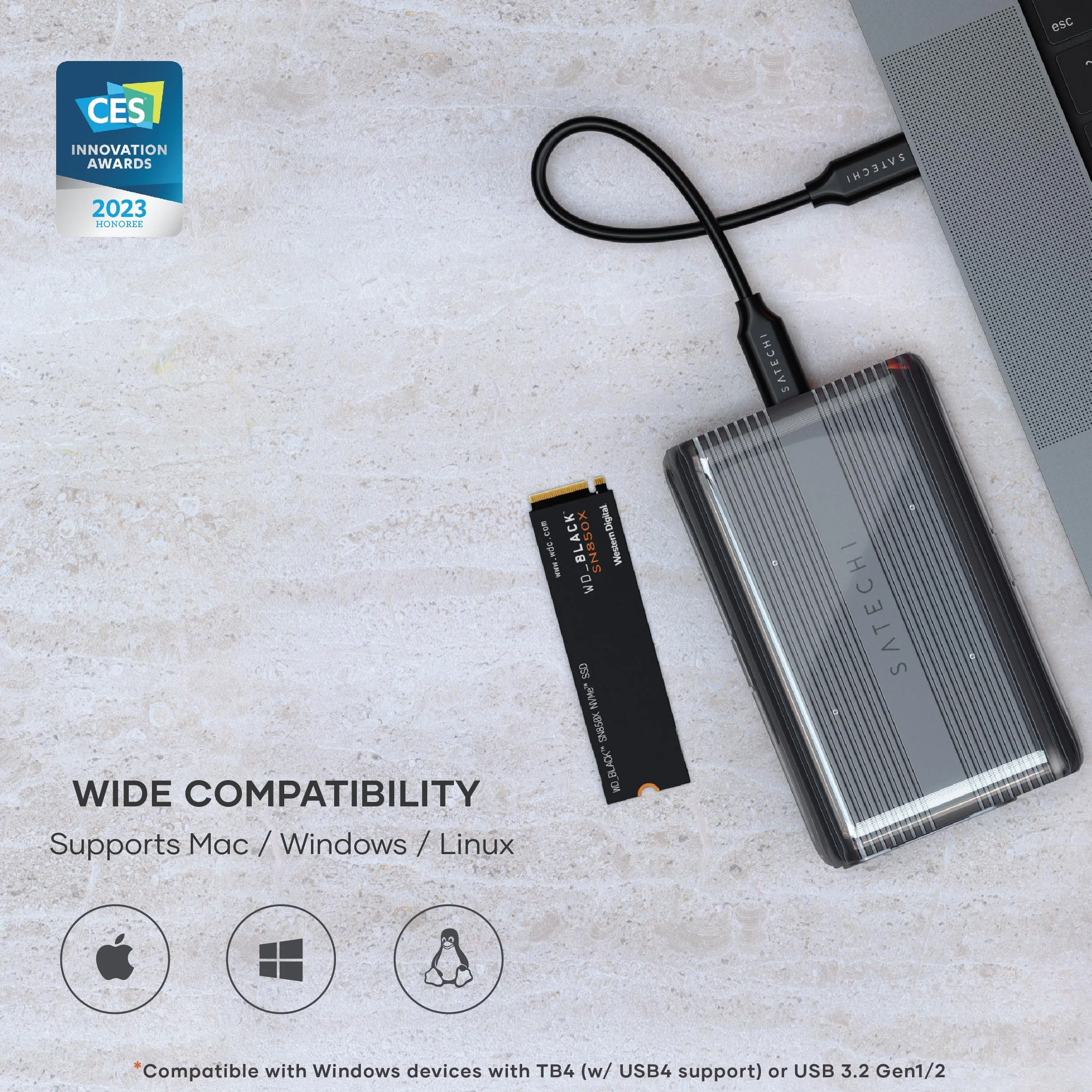 SATECHI USB4 NVMe SSD Pro Obudowa, 40Gbps, Aluminiowa i Poliwęglanowa, do 16TB, Obudowa UASP SSD, do Dysków 2280/2260/2242/2230 mm (Dysk SSD Nie Jest Dołączony)