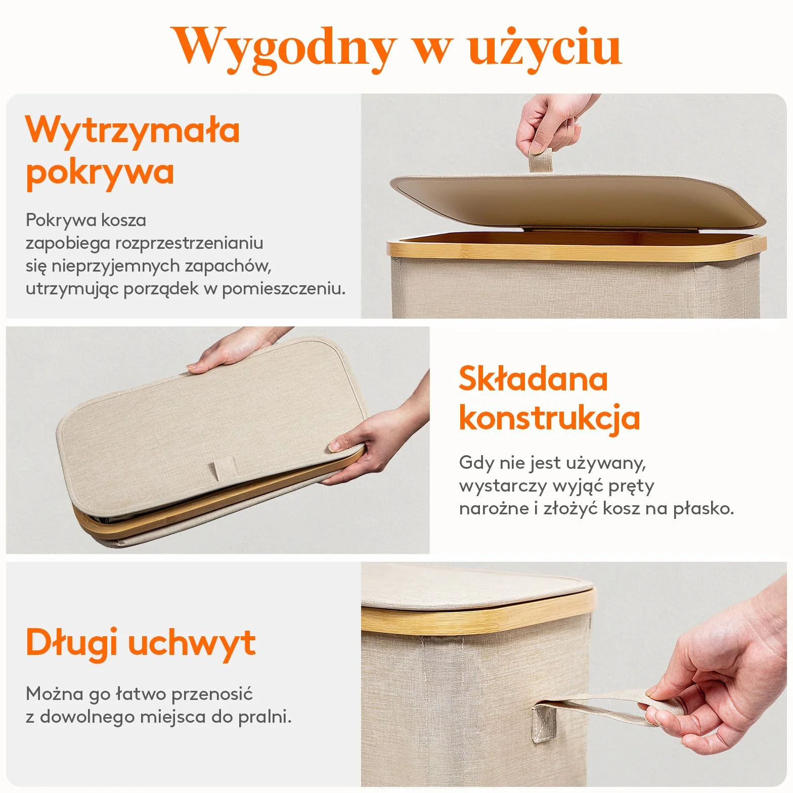 Lifewit Wąski Kosz na Pranie 65L Beżowy z Pokrywą Bambusową Ramą