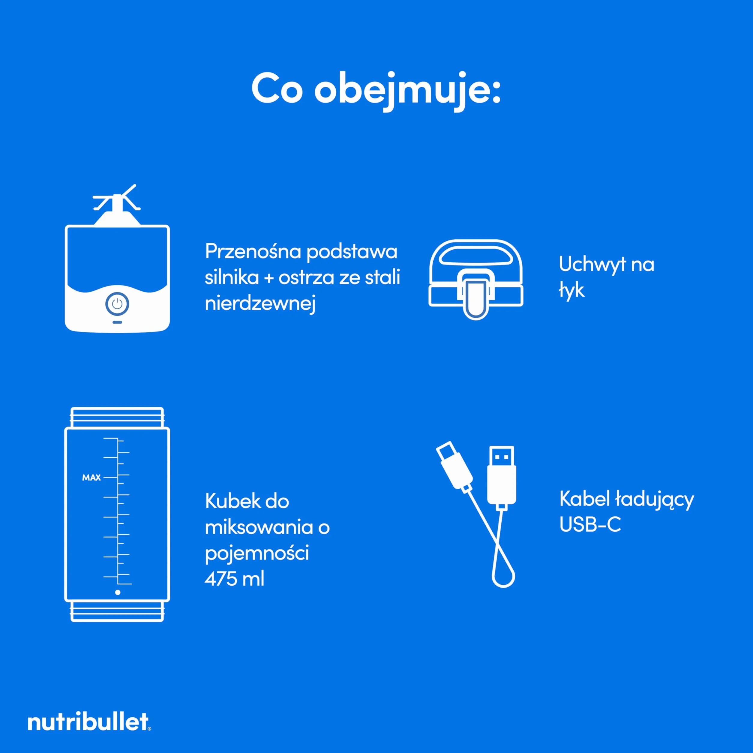 Nutribullet Lekki Przenośny Blender, 475 ml bez BPA Tritan, Mini Blender, 4-Stronne Ostrze ze Stali Nierdzewnej, Wielofunkcyjny, Ładowarka USB-C, ponad 15 Cykli Mieszania, Biały, NBP003W