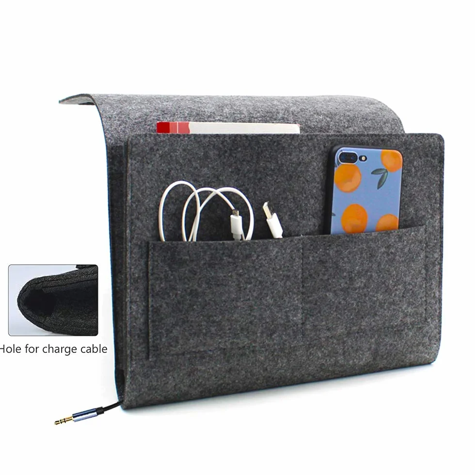 Wiszący filcowy organizer do łóżka i sofy, dwuwarstwowy, 34 x 24 x 8 cm, szary