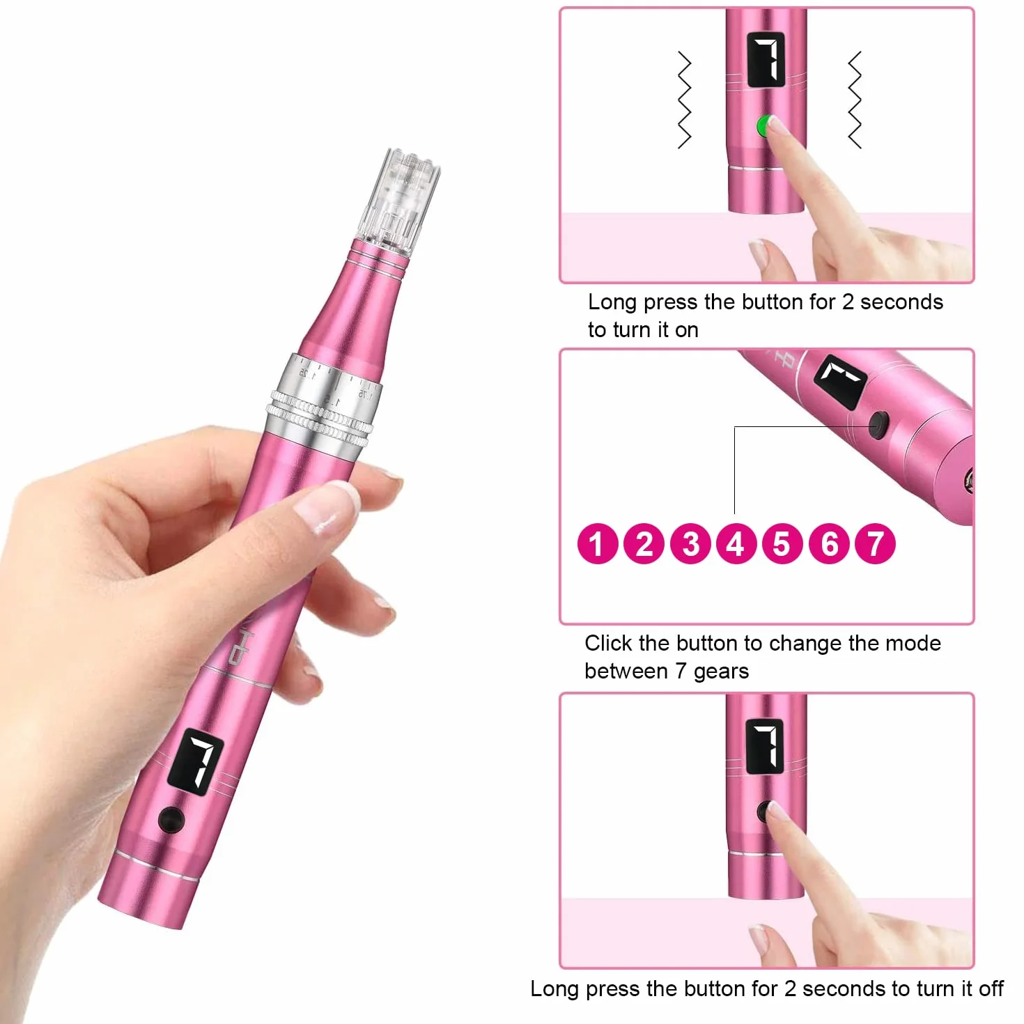 Dermapen TBPHP M1 z LCD mezoterapia + wkłady 12 szt (Różowy)