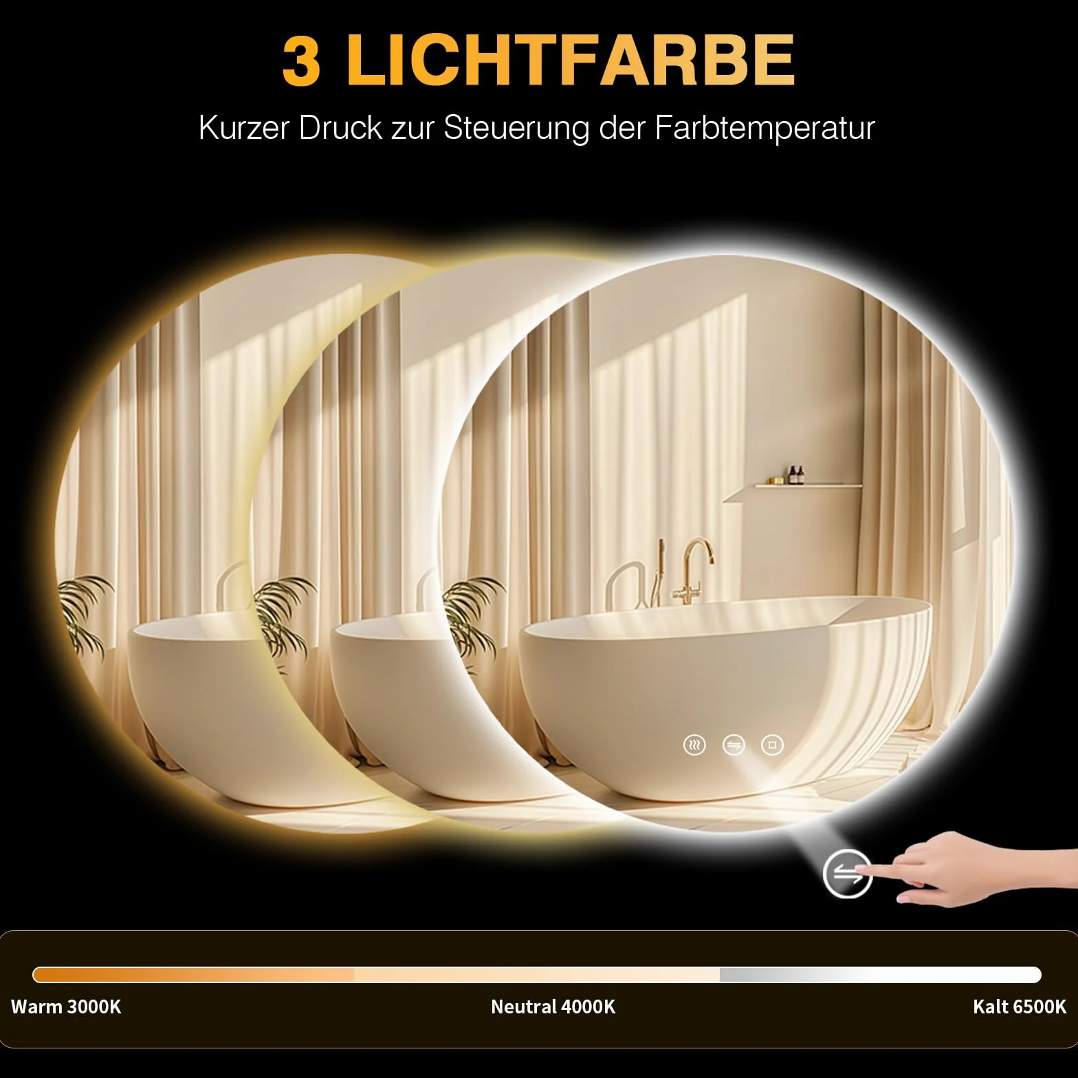 Okrągłe lustro łazienkowe z oświetleniem, 60 cm LED, lustro do łazienki z światłem, antymgławienne, 3 kolory światła, możliwość przyciemnienia, włącznik dotykowy, funkcja pamięci, okrągłe