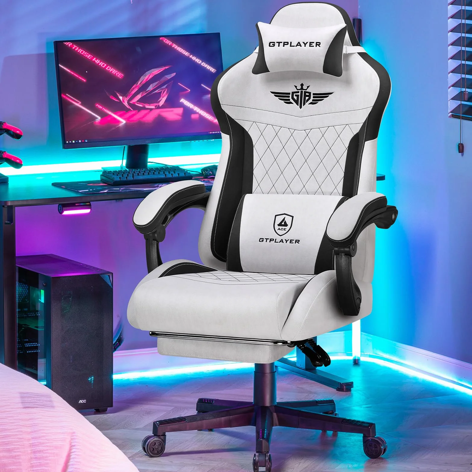 GTPLAYER Fotel gamingowy ergonomiczny materiałowy z podparciem lędźwiowym nośność 150 kg szary