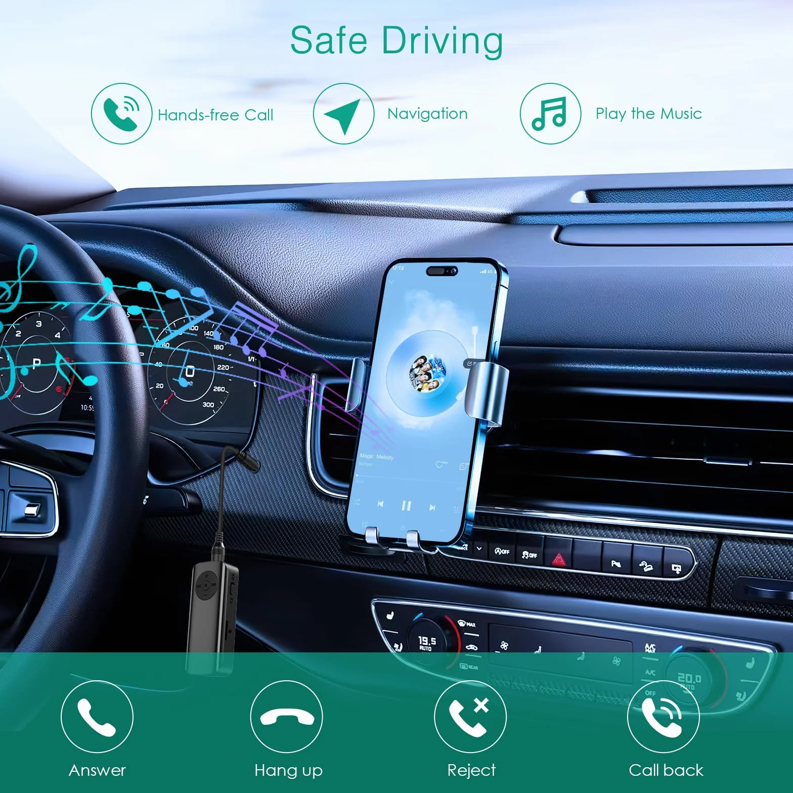 ORIA Nadajnik odbiornika Bluetooth 5.3, 2 w 1, pomocniczy adapter Bluetooth z ekranem wyświetlacza, redukcja szumów, 20 godzin autonomii, samochodowy odbiornik audio Bluetooth, głośniki