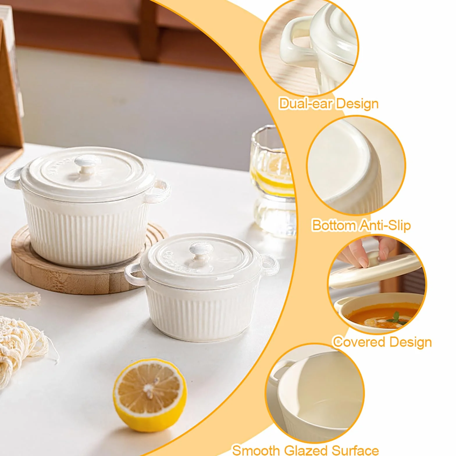 Mini Cocotte 2-częściowy zestaw mini Cocotte z pokrywką 250 ml, okrągłe naczynie do zapiekanek, ceramicznych, z uchwytami do lasagne, sufletu, warzyw, kremowej brûlée, do frytkownicy na gorące