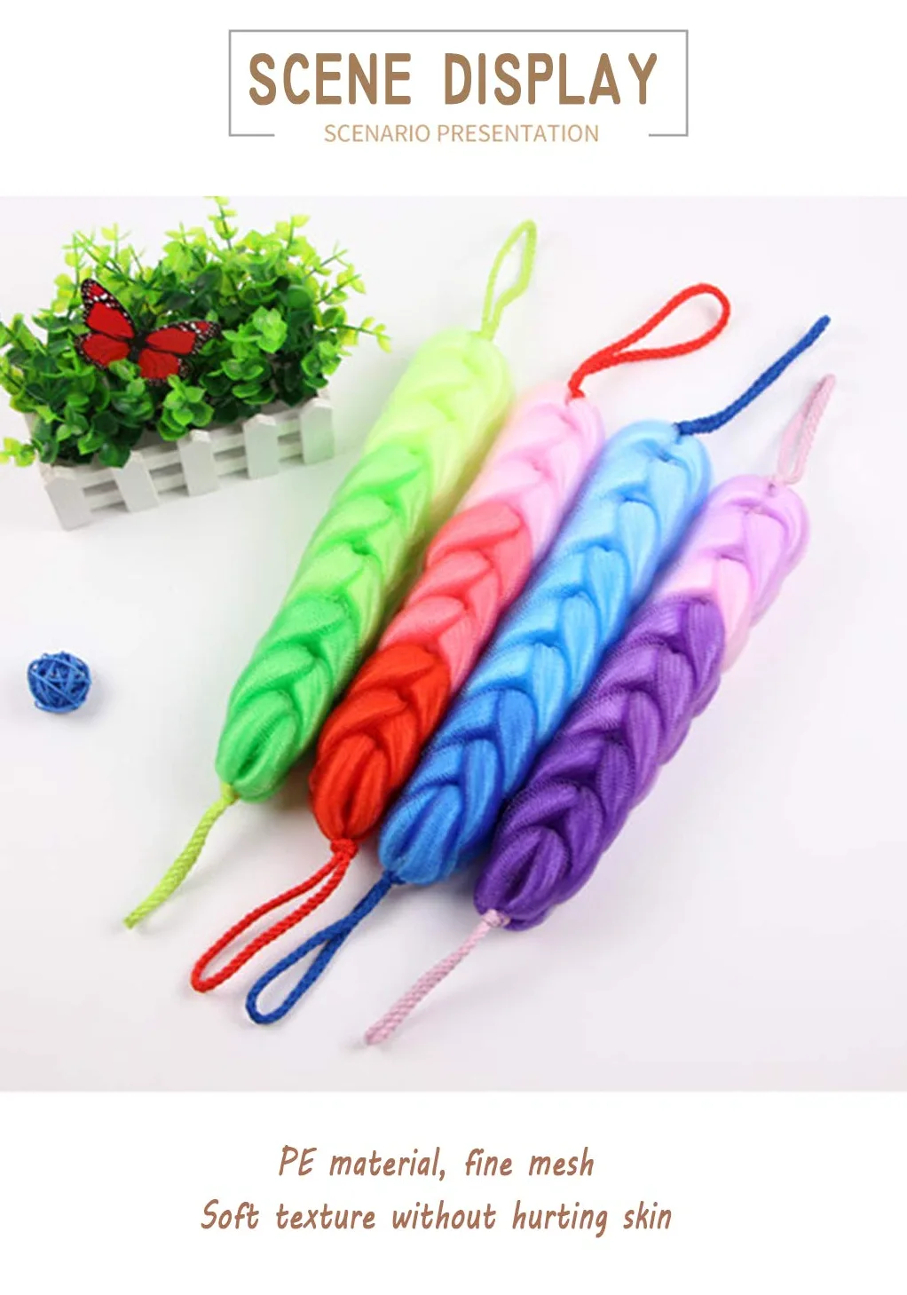 AARainbow 4-pak długich rozciągliwych gąbek do pleców z uchwytami linowymi, gąbki do ciała do kąpieli, pod prysznic, siatkowa gąbka do ciała, głębokie czyszczenie ciała dla mężczyzn i kobiet (kolor