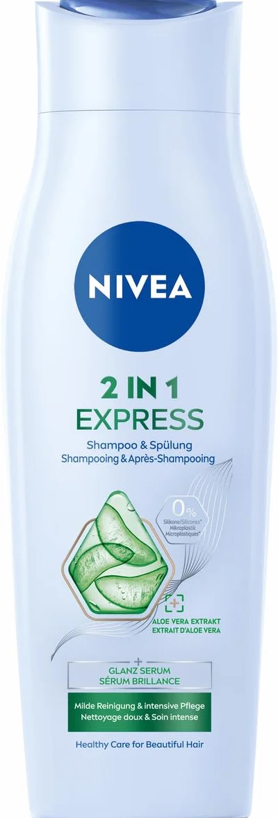 NIVEA 2 w 1 Express szampon i odżywka, intensywna pielęgnacja włosów z aloesem i serum z połyskiem, szampon do włosów i odżywka do pielęgnacji w czasie ekspresowym (250 ml)