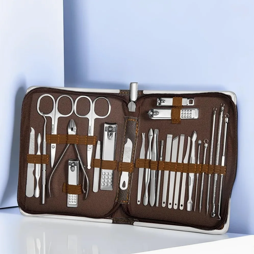 Zestaw do manicure, 26-częściowy zestaw obcinaczy do paznokci ze stali nierdzewnej, zestaw do użytku domowego, obcinacz do paznokci z pudełkiem, trymer, pielęgnacja, manicure, pedi(Brązowy)