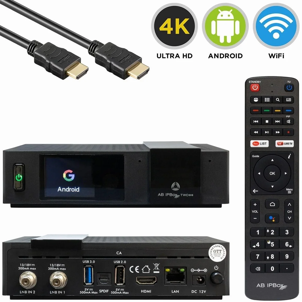 AB IPBox Two 4K UHD Android 8.0 odbiornik IP (2X DVB-S2X, Dual-WiFi, LAN, CA, Bluetooth, HDMI)