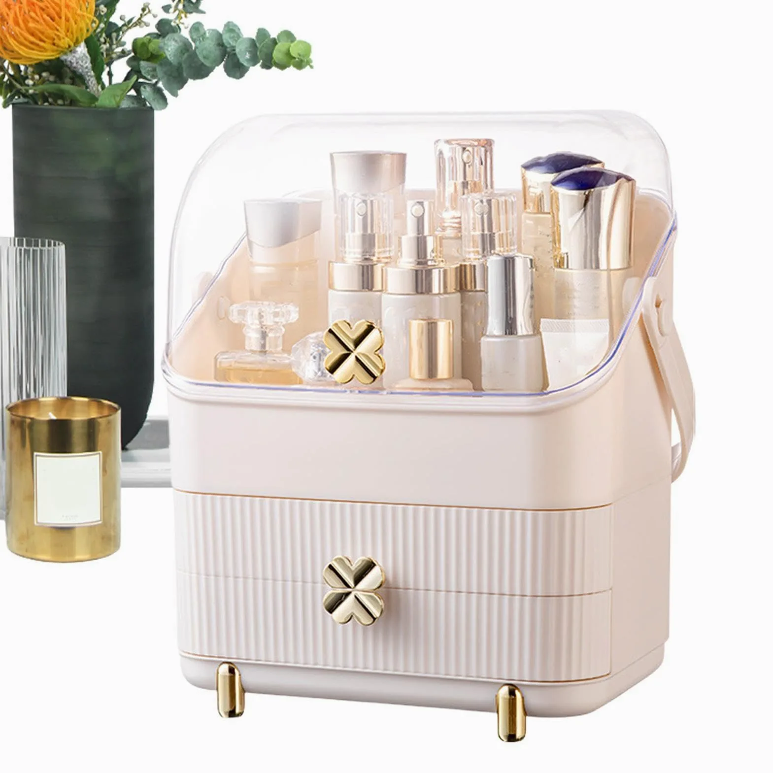 Organizer Na Blat Do Makijażu Pojemnik Na Perfumy I Pędzle | Organizer Na Kosmetyki Z Przezroczystą, Wodoszczelną I Pyłoszczelną Pokrywą Do Toaletki, Biurka, Łazienki, Kuchni
