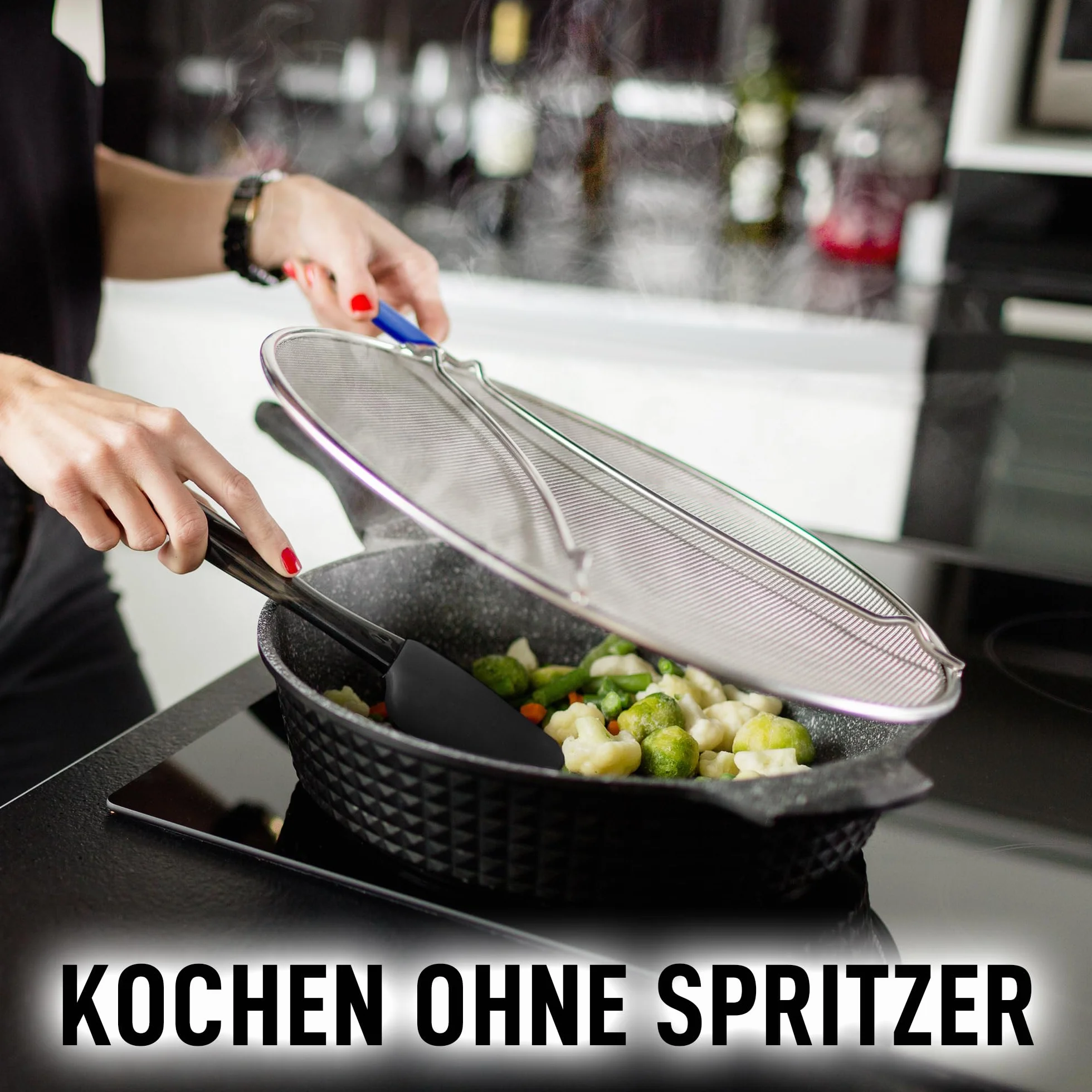 Zulay Kitchen Duży ekran do smażenia patelni 13" - Blokuje Hot Oil Splashes - Stainless Steel Grease Splatter Guard - ciemnoniebieski