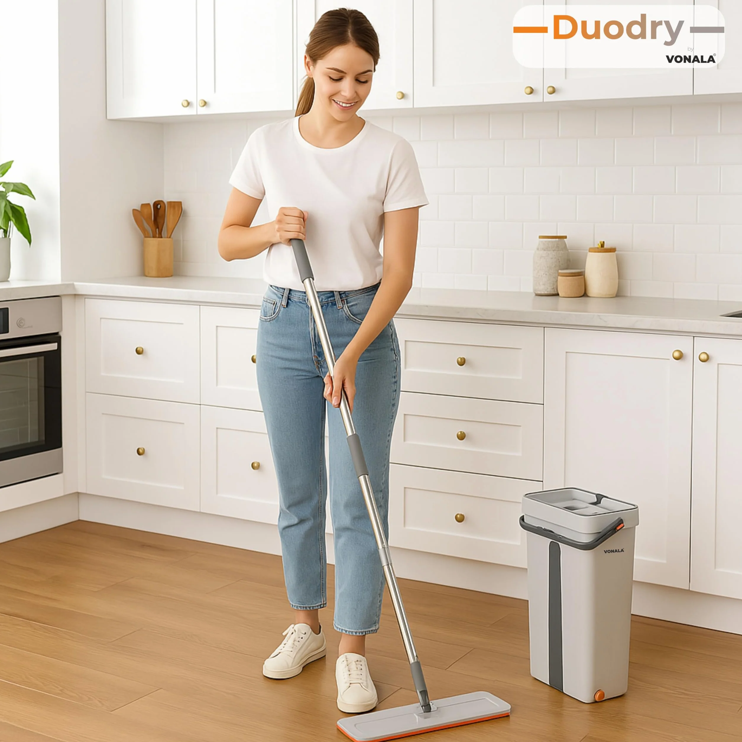DuoDry Mop Mop z wiadrem ociekowym, wiadro z dwoma komorami i 6 mopcami do czyszczenia podłóg, płytek i ścian