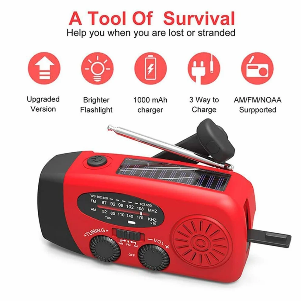 Radio awaryjne z korbą, solarne radio pogodowe z latarką LED/WB/Am/FM, 2000 Mah, ładowanie USB, odpowiednie do użytku na zewnątrz