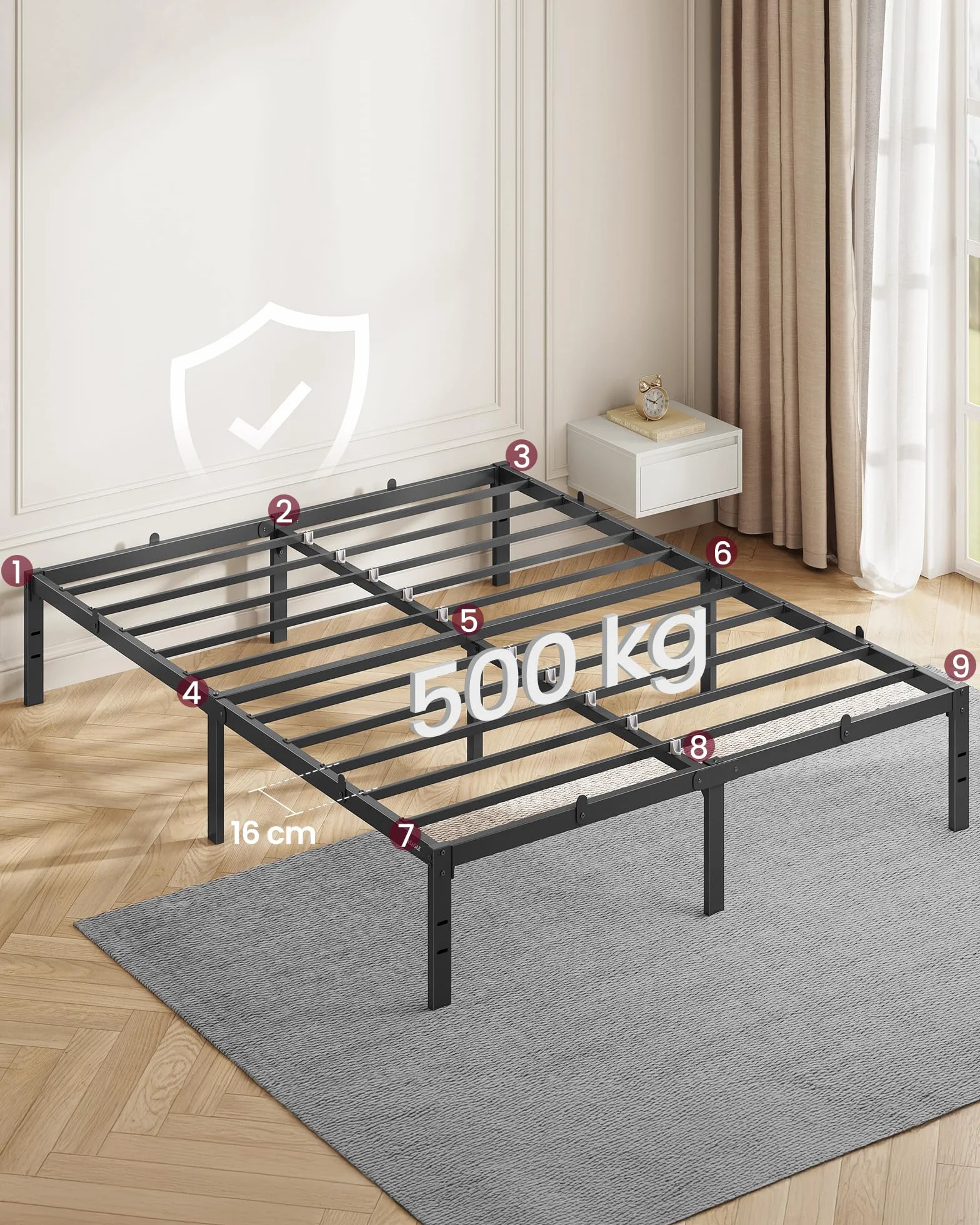 VASAGLE Rama łóżka 140 x 190 metalowa stelaż schowek pod spodem czarny RMB133B01