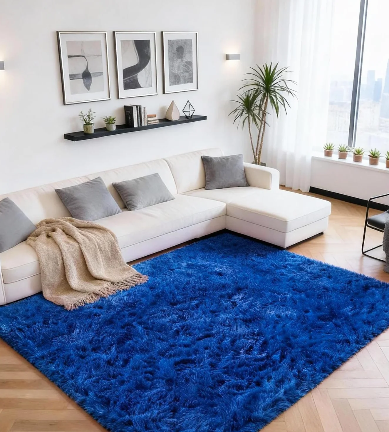 Dywan 200x300 cm niebieski antypoślizgowy wysokie runo puszysty do salonu