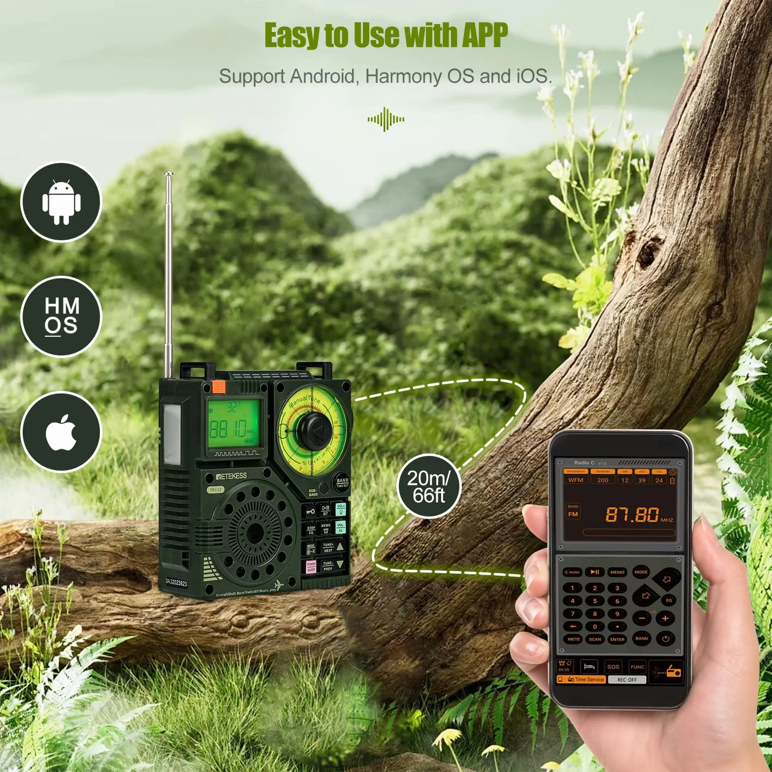 Retekess TR112 krótkofalowe radio, FM VHF SW AIR Band przenośne radio kieszonkowe, obsługa sterowania aplikacją, ładowanie, dźwięk basowy stereo SOS, TF/MP3, odpowiednie dla entuzjastów