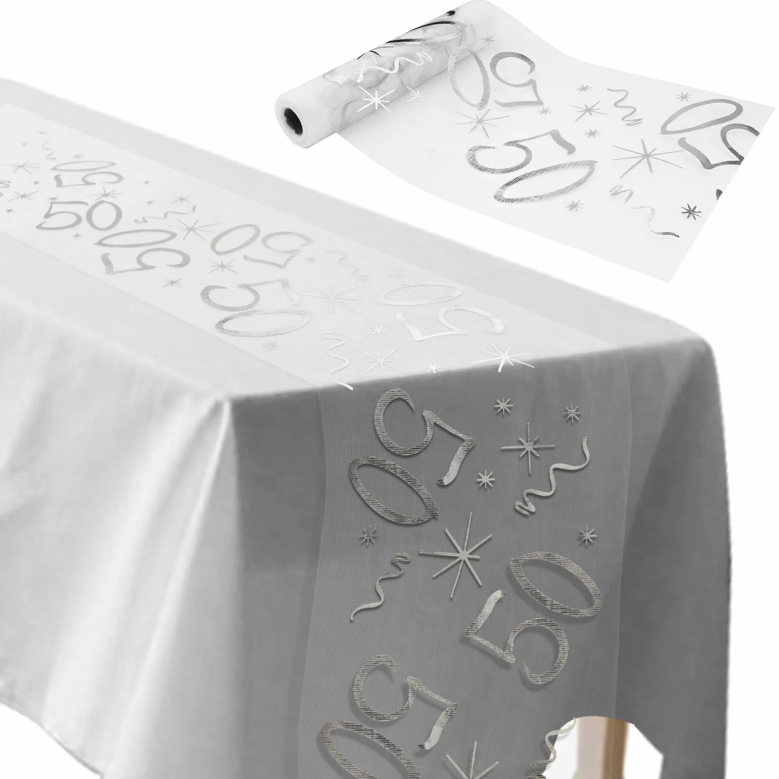 Bieżnik na stół 50 urodziny dekoracja 28 cm x 10 m dekoracja stołu urodziny możliwość przycięcia na stół dekoracja srebrzysty dla mężczyzn i kobiet na przyjęcie urodzinowe, jubileuszowe
