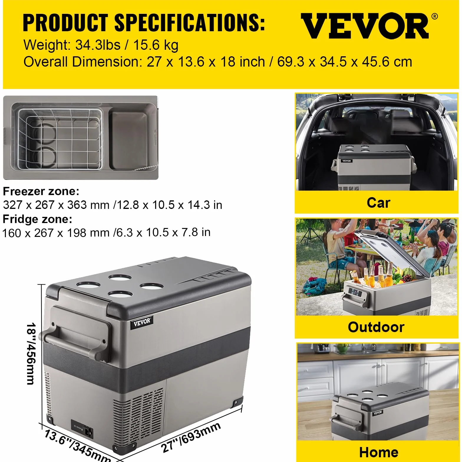 VEVOR Przenośna lodówka kompresyjna 45 l 693 x 345 x 456 mm 60 W