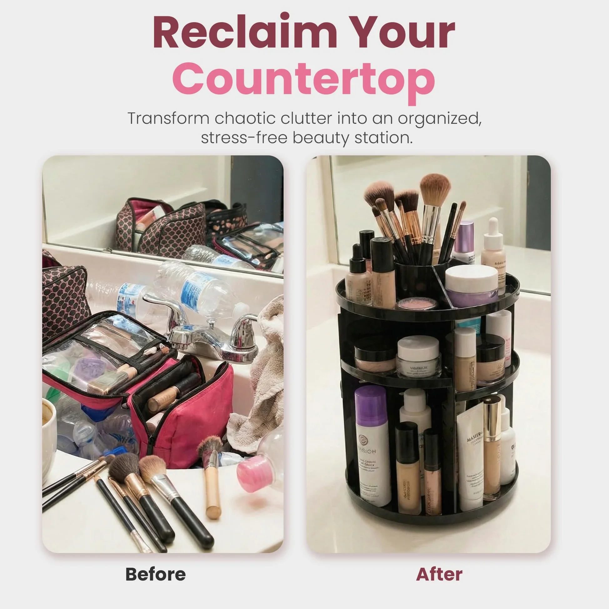 Obrotowy organizer do makijażu o 360 stopni – regulowana wysokość półki, w pełni obrotowy, idealny organizer na kosmetyki do sypialni, komody lub blatu toaletkowego, czarny