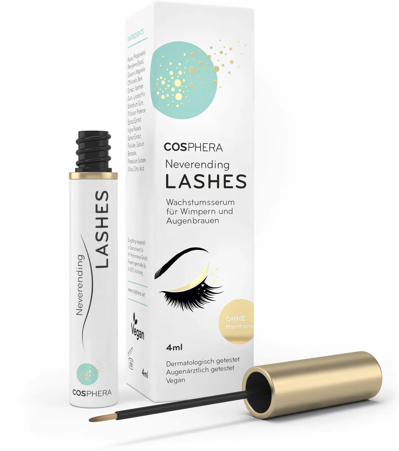 Cosphera Neverending Lashes - Serum do rzęs i brwi - wegański i wolny od hormonów - 4 ml serum do wzrostu rzęs dla długich rzęs i gęstych brwi - testowany dermatologicznie i okulistycznie