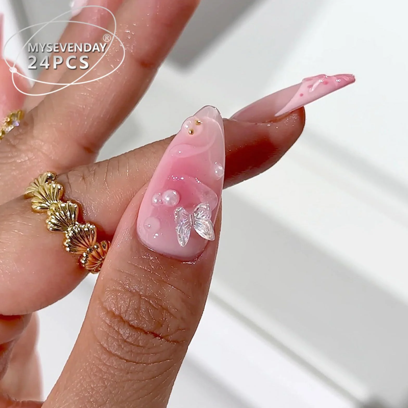 Sztuczne paznokcie migdałowe 3D różowe kwiaty koraliki zestaw do manicure 24 sztuki