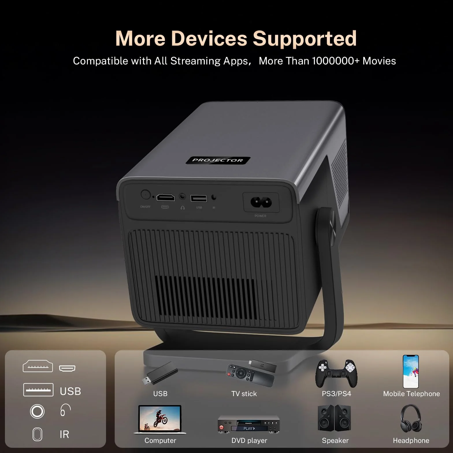 2026 nowy projektor 2000ANSI Smart Projektor Full HD Native 1080p Android14, wbudowane aplikacje autofokus/obsługa Keystone 4K, projektor kina domowego WiFi6 i Bluetooth 5.4, do iOS/Switch/PS5