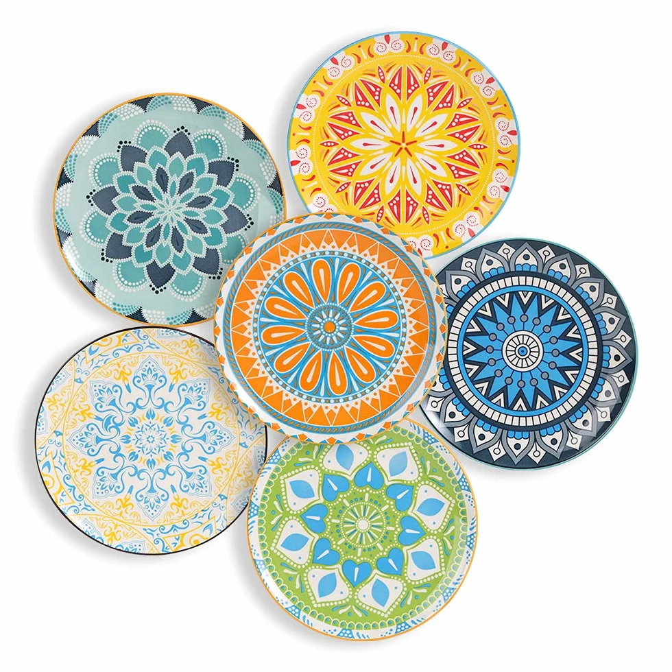 Talerze obiadowe - porcelanowy talerz deserowy - zestaw 6 wielokolorowych talerzy do sałatek | owoce, przekąski, śniadanie - 20,3 cm