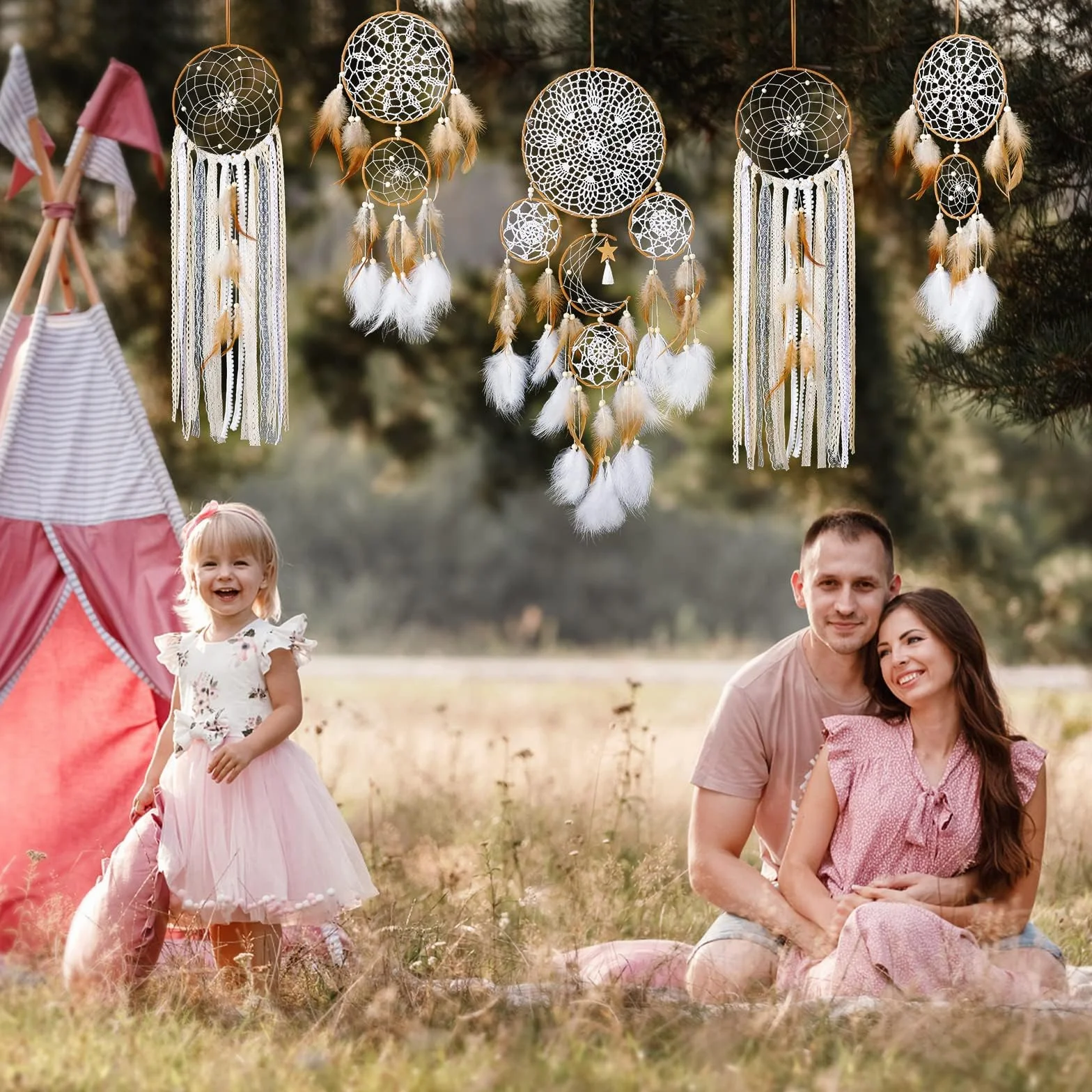 Łapacz snów zestaw 5 sztuk boho makrama dekoracja ścienna ręcznie robiona brązowy
