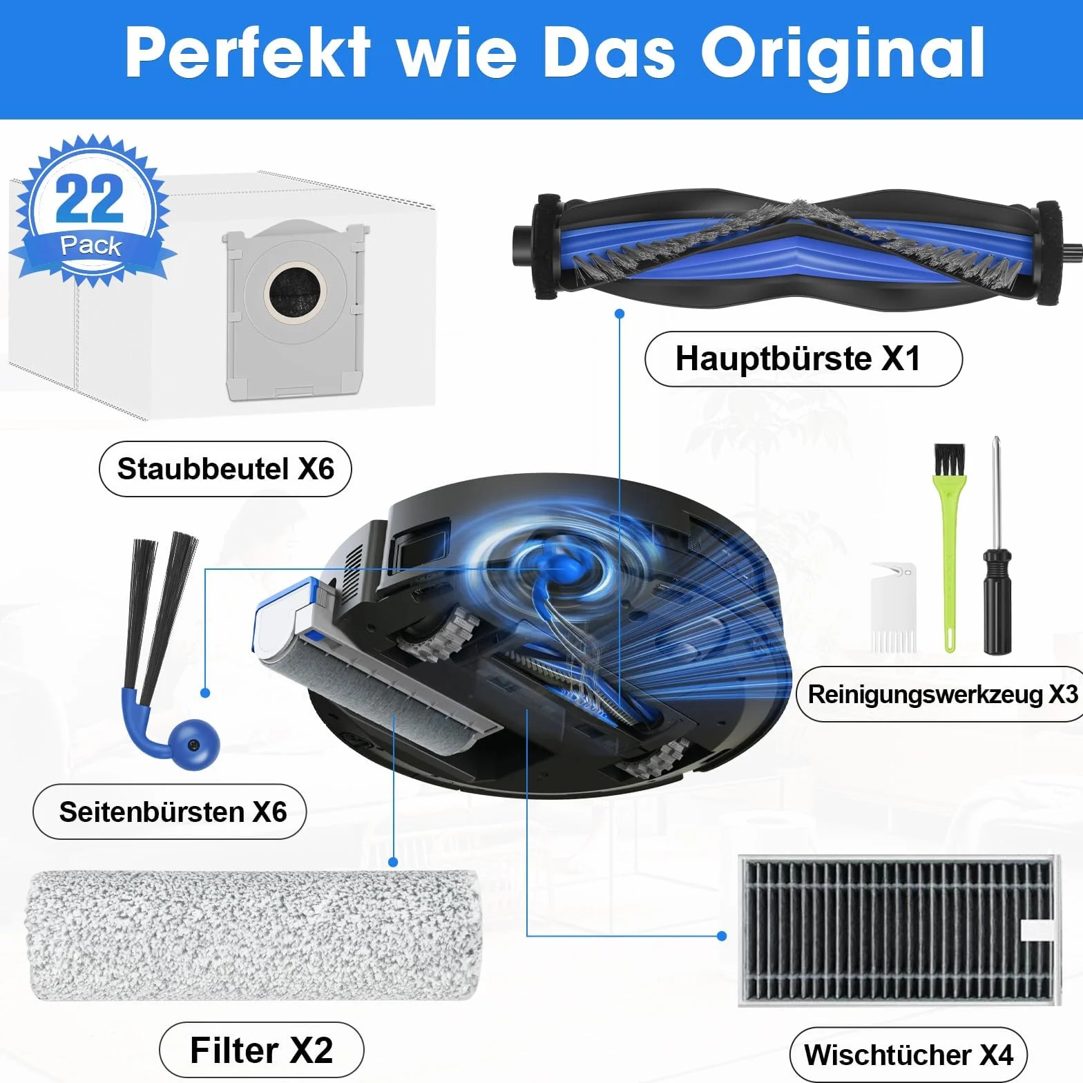 X9 Pro Omni akcesoria do Ecovacs Deebot X9 Pro Omni / X9 Omni części zamienne X9 zestaw akcesoriów z 4 workami do kurzu, 4 filtrami, 1 główną szczotką, 2 wałkiem do wycierania, 6 bocznymi