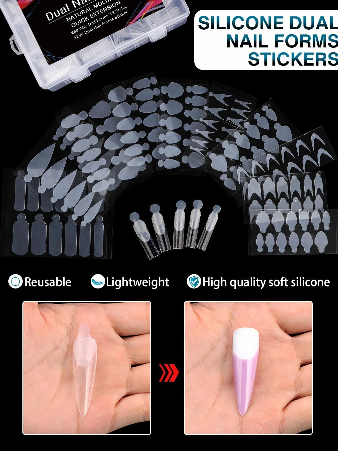 TOROKOM 288 sztuk podwójnych kształtów do manicure francuskiego - przezroczyste akrylowe foremki do rekonstrukcji - 12 stylów i 12 rozmiarów ze skalą - podkładka silikonowa wielokrotnego użytku