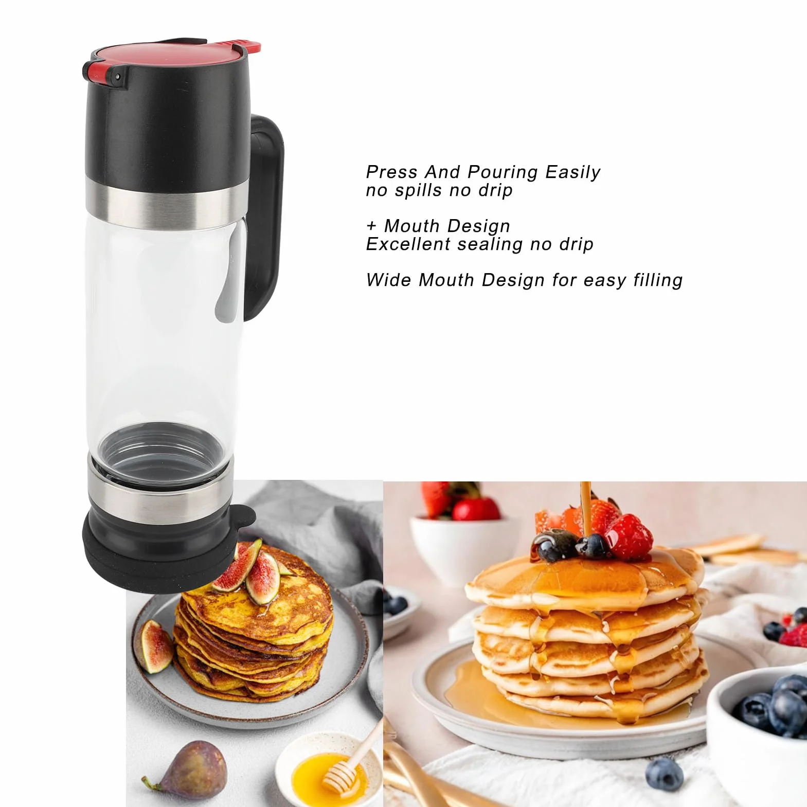 Szklany dozownik do miodu, 350 ml szklany dozownik do miodu bez kapania z uchwytem, ​​szklany dozownik do syropu, szklana butelka do syropu bez kapania do syropu klonowego (BLACK)