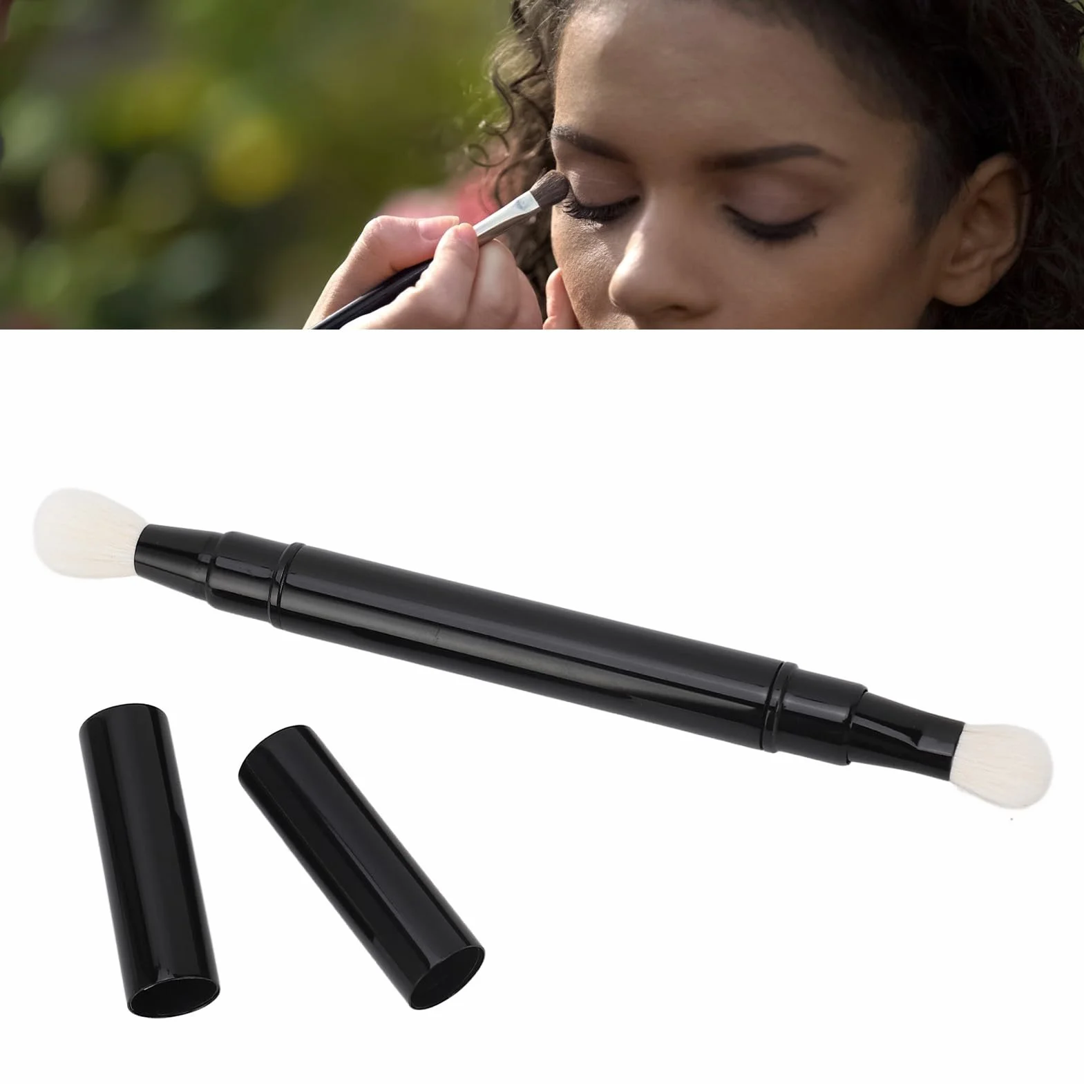 Yosoo Health Gear Chowany pędzel do cieni do powiek z podwójną końcówką do podróży, miękkie włosie wełniane, czarny, pędzel kosmetyczny, zestawy pędzli, do cieni do powiek