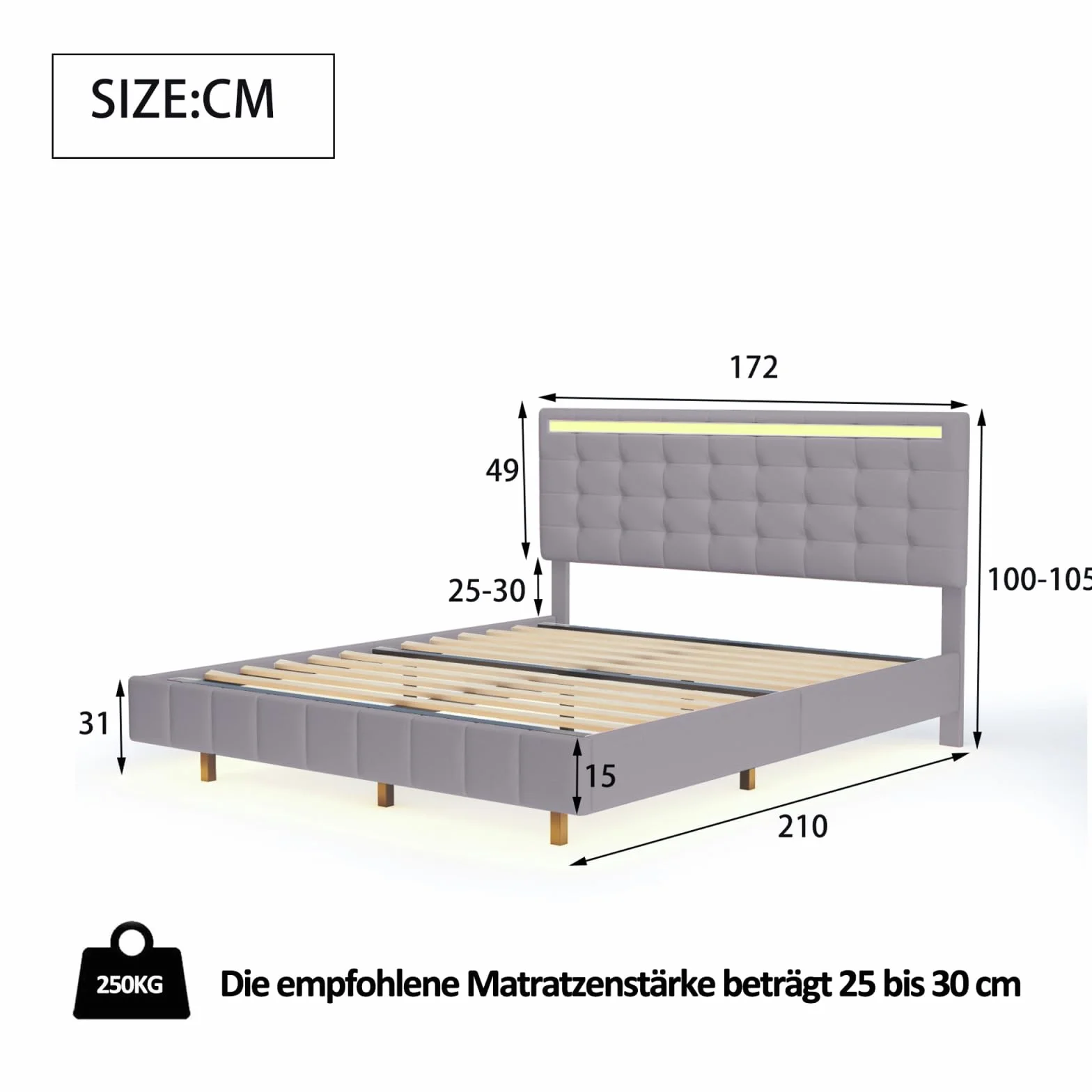 Łóżko tapicerowane 160x200 cm z oświetleniem LED i USB, szare
