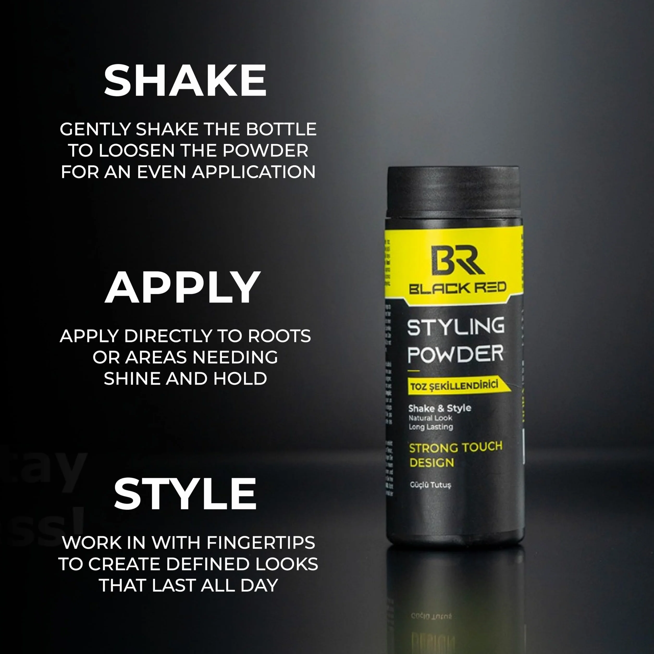 black red Teksturyzujący puder do stylizacji włosów, 20 g: (Strong Touch Design) Strong Touch with Our Special Formula for Men and Women