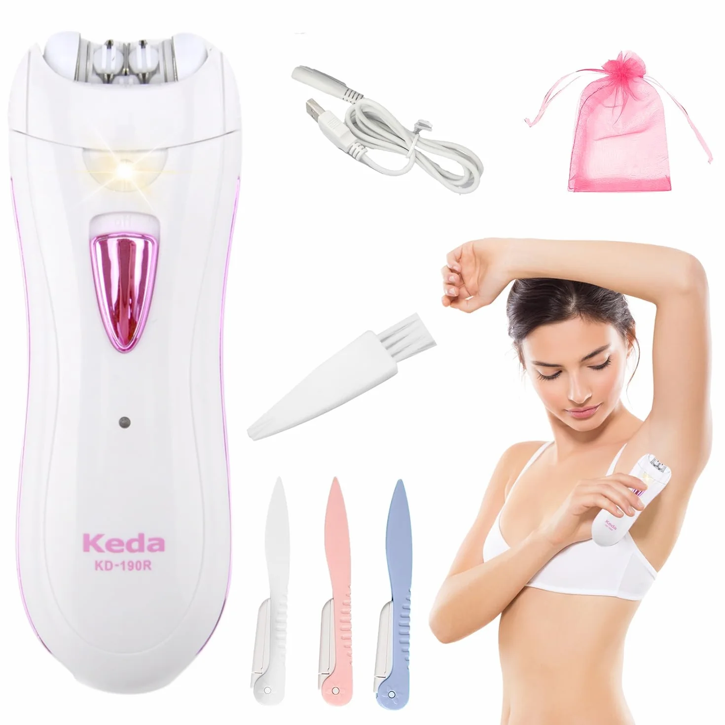 Elektryczny depilator dla kobiet, depilator do twarzy i depilacja ciała dla kobiet, w tym trymer do brwi ze światłem LED do twarzy pod pachami bikini USB
