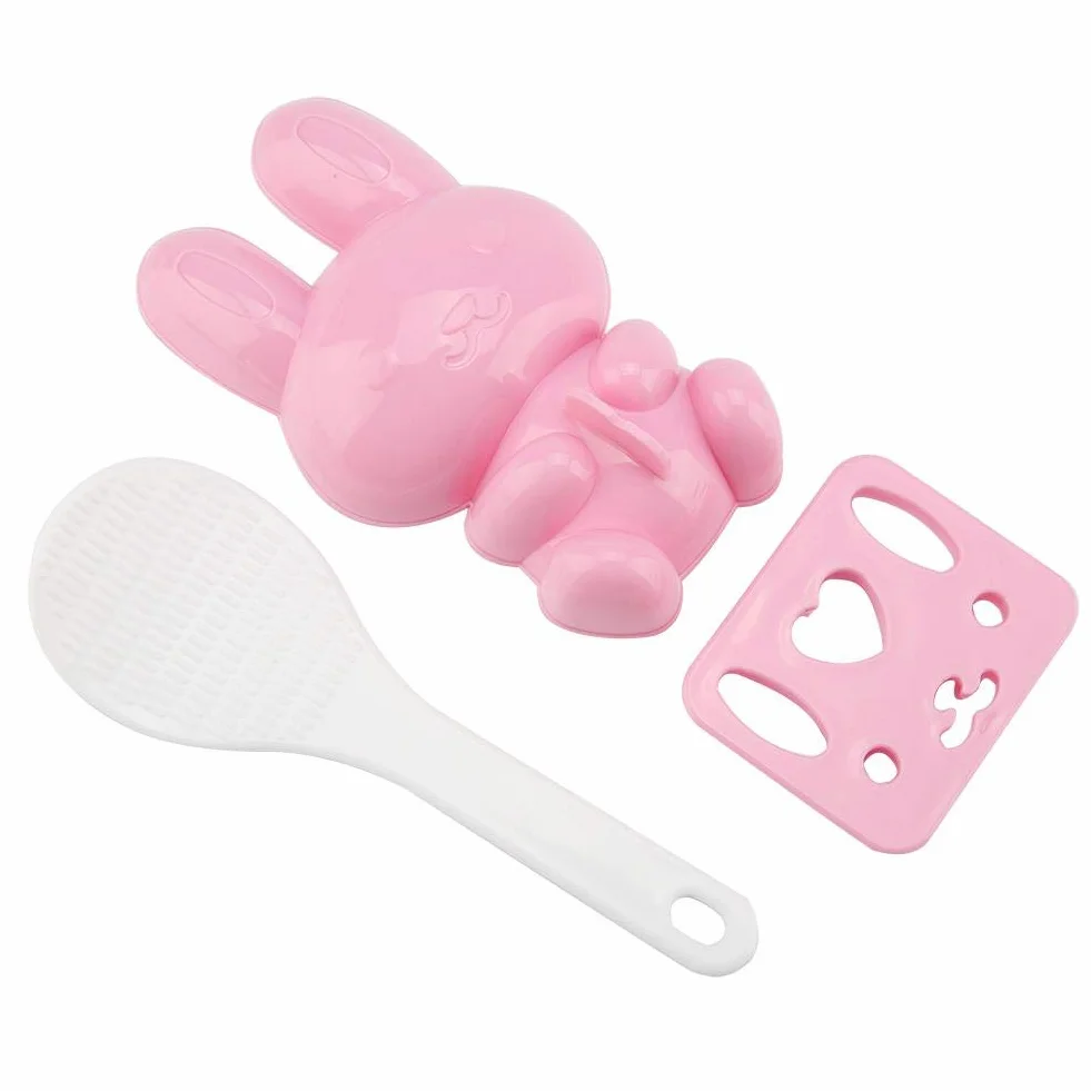 Lebensmittelqualität PP Cartoon Kaninchen Modell 3 Stücke Sushi Reisform DIY Handwerk Onigiri Werkzeug Pink