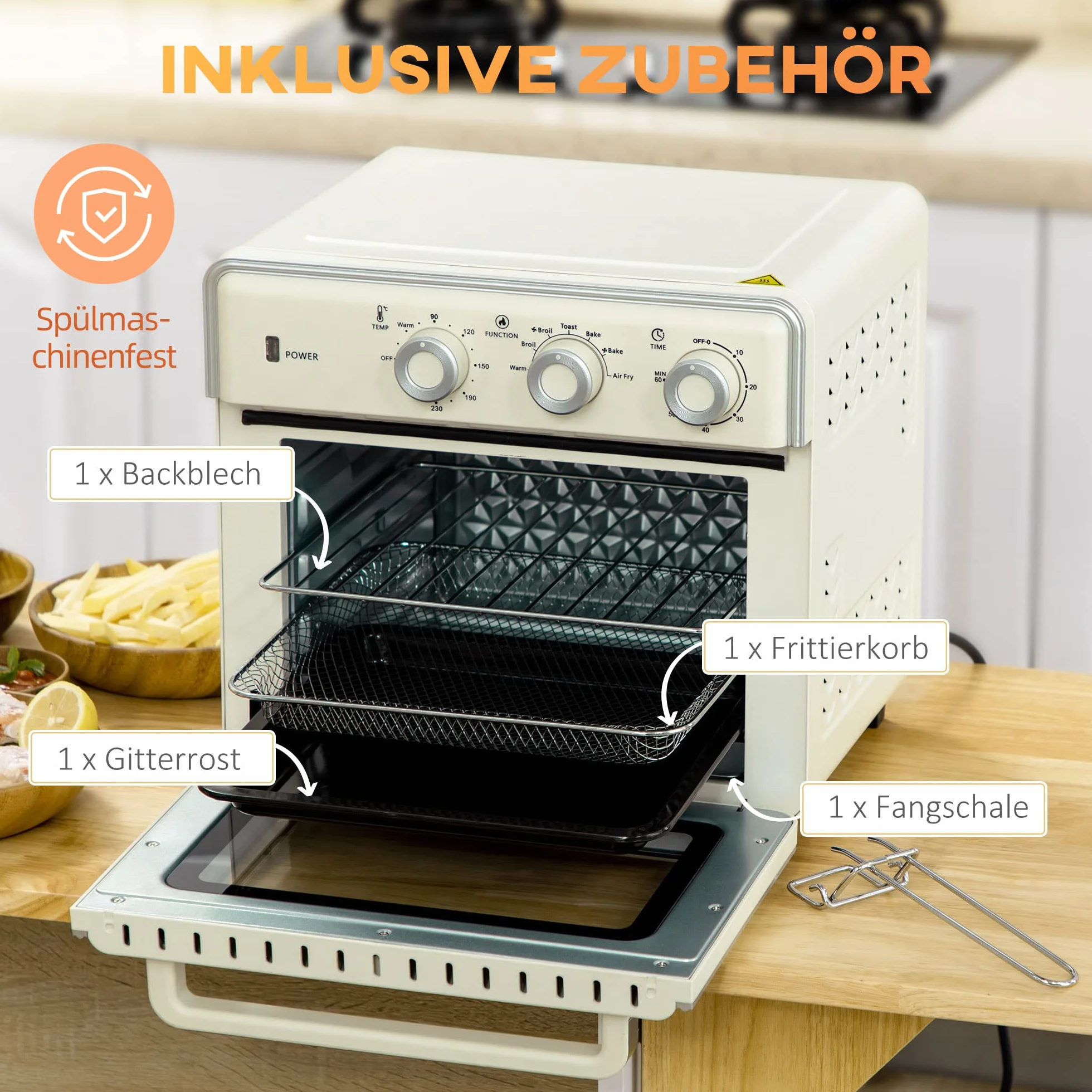 HOMCOM Mini piekarnik 20 l, 7 w 1 piec do pizzy, 1400 W, 90-230℃, termoobieg, kremowo-biały