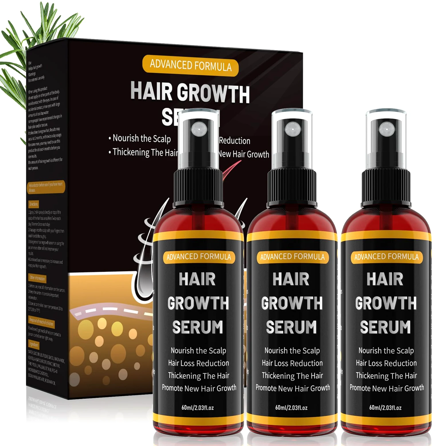Hair Growth Serum naturalna pielęgnacja włosów do skóry–3x60ml | z olejkiem rozmarynowym,olejem rycynowym i biotyną serum do włosów przeciw wypadaniu włosów dla mężczyzn i kobiet
