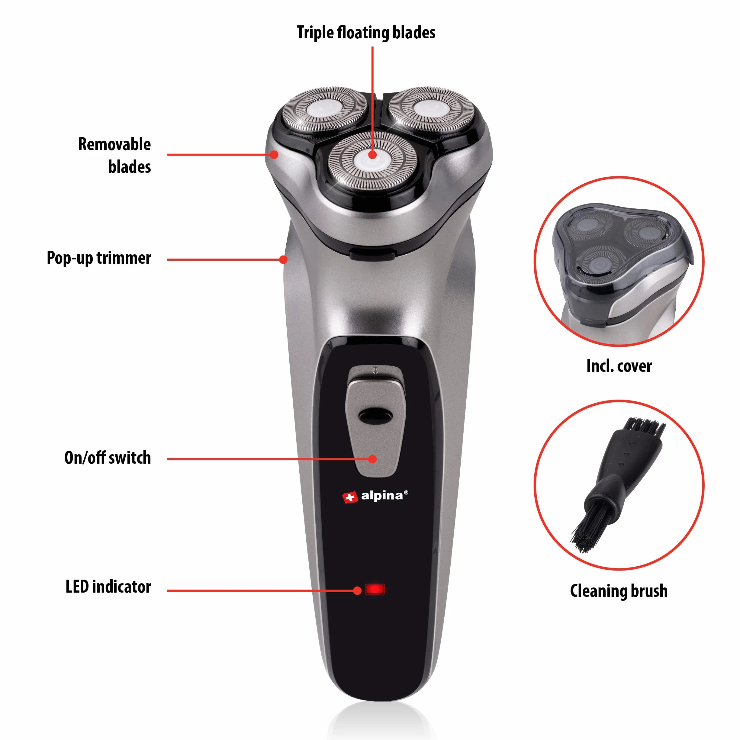 alpina Golarka męska – akumulator USB – 3 pływające głowice golące – trymer pop-up – ze szczotką do czyszczenia i nasadką ochronną – kabel USB