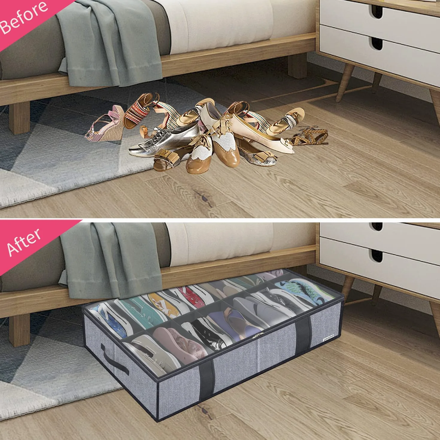 Homyfort duży organizer na buty 14+4 pary torba do przechowywania 86x60x15 cm szary len