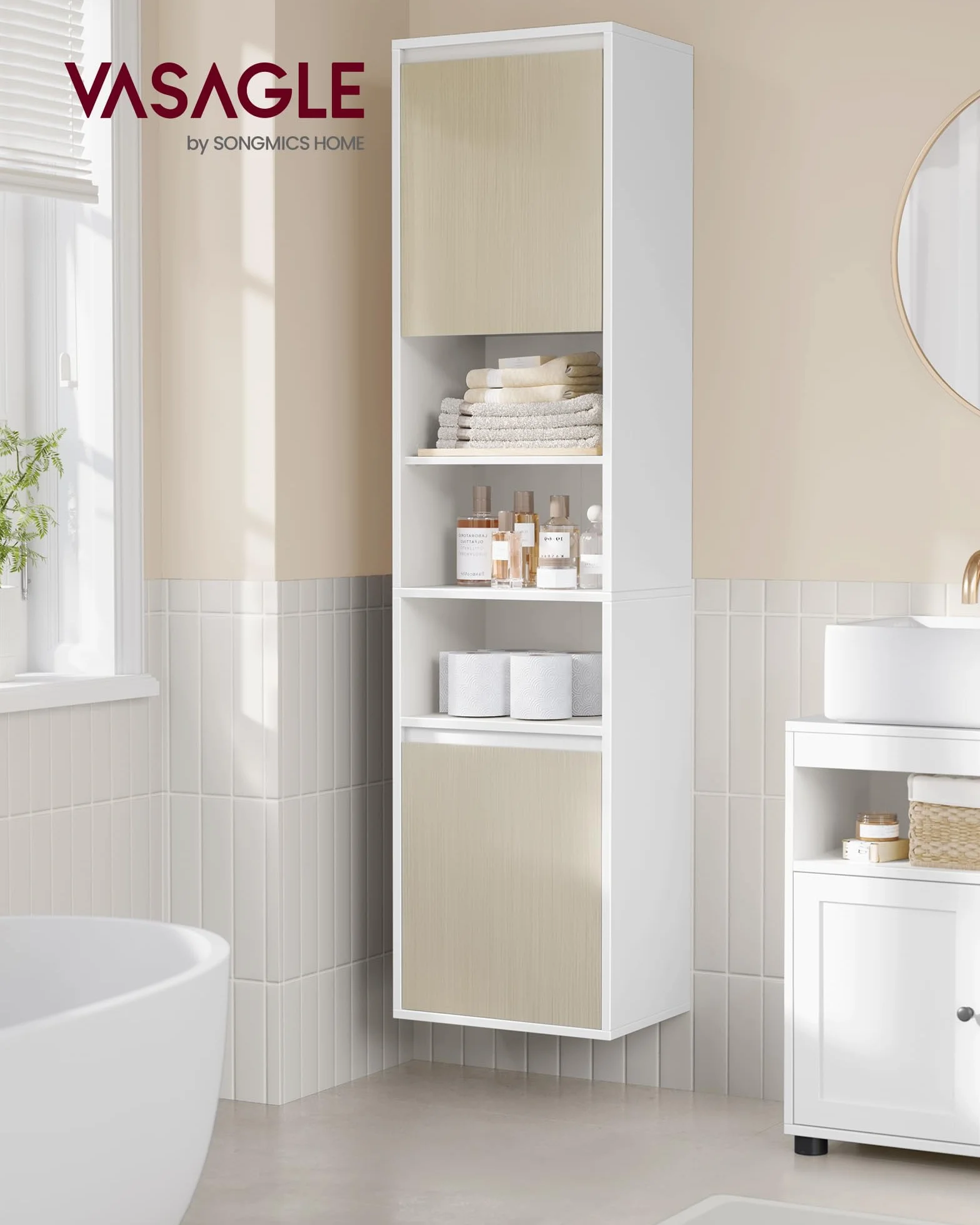 VASAGLE Szafka łazienkowa wisząca 7 przegródek 30x40x160 cm Cloud White-Natural Beige
