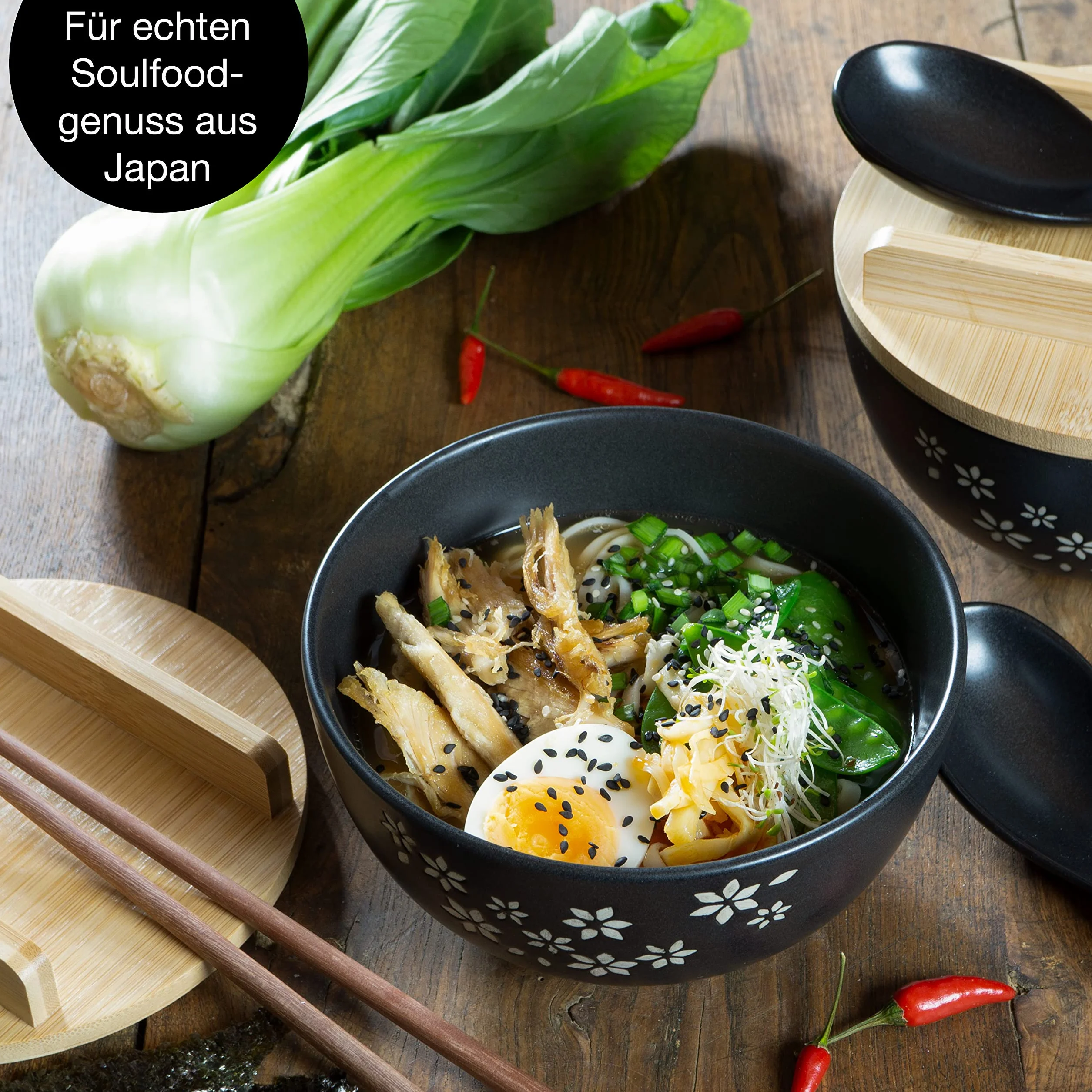 Moritz & Moritz Zestaw 4 ceramicznych misek ramenowych, 600 ml, Ø 15 cm, czarna, dla 4 osób, miska na zupę, Pho i Sushi Bowl, z pałeczkami, pokrywką i łyżką